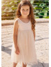 Light Peach Tulle Pearls V Back Short Flower Girl Dress